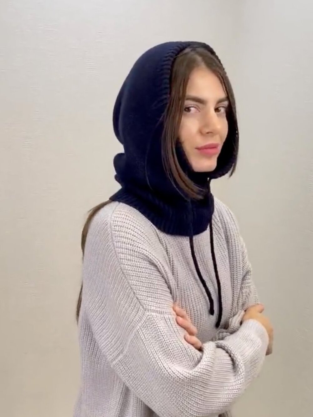 Dark Navy Merino Wool Hand Knitted Hood, Cowl, Balaclava With Drawstrings NWT - Picture 8 of 8